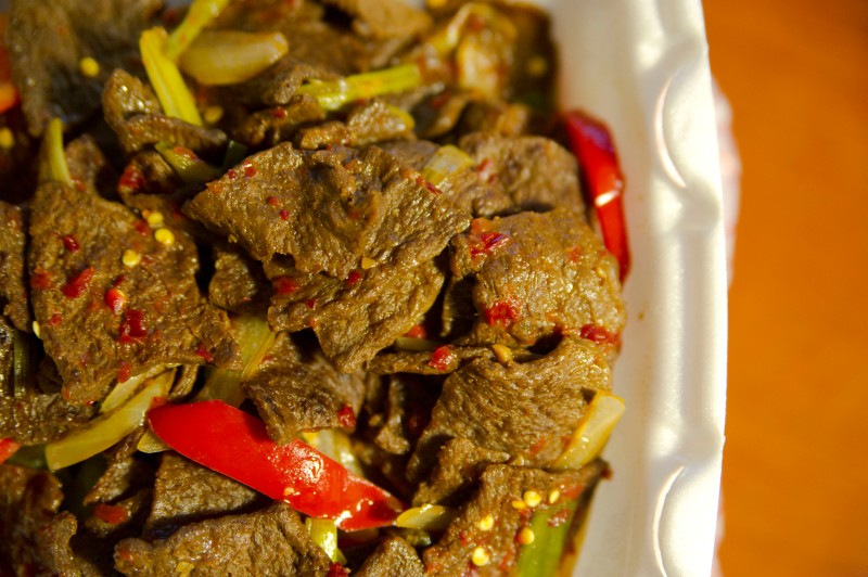 Mongolian Wonder: brown soy protein, onion and bell pepper in Mongolian sauce.